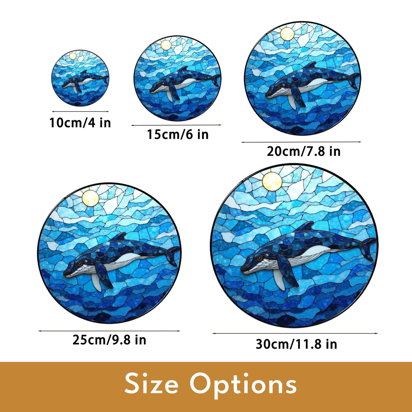 Whale Swimming in Ocean Blue Round Stained Glass Suncatcher Gift for Ocean Lovers