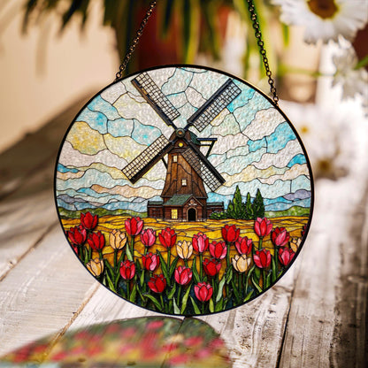 Dutch windmill tulip field stained glass window hanging floral suncatcher gift for mom
