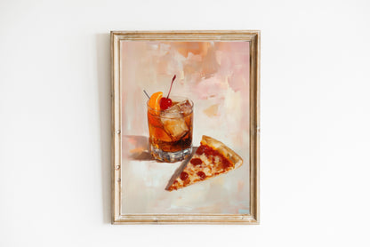 Old Fashioned Cocktail with Pizza Slice Art Print | Cute Quirky Whimsical | Cocktail Bar Cart Decor | Pizza Art Gift | Trendy Home Wall Art