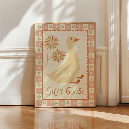 Silly Goose Print, Trendy Wall Art, Apartment Decor, Retro Wall Art, Quirky Wall, Nursery Art, Cottage Core Decor, Green Art, Pink Wall Art