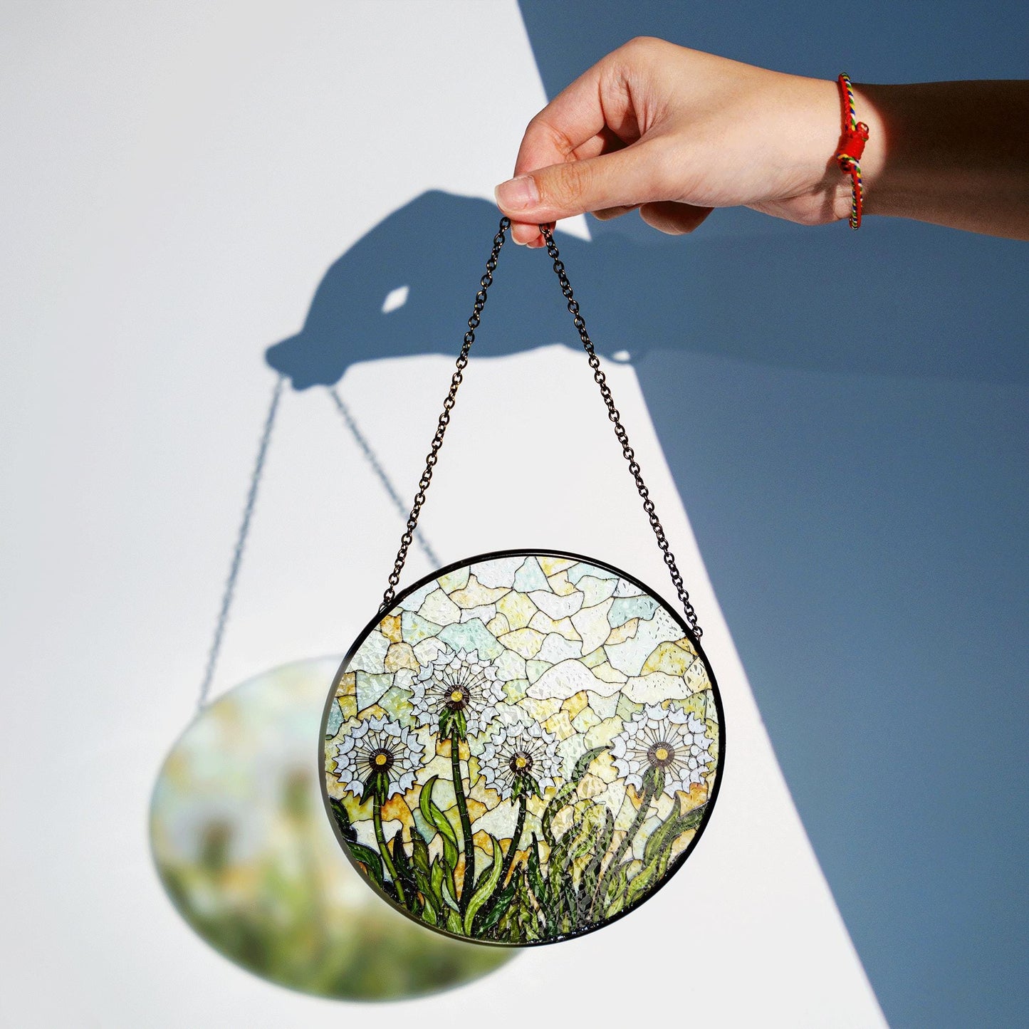 Stained Glass Dandelion Field Round Suncatcher Window Decor Gift for Garden Lover