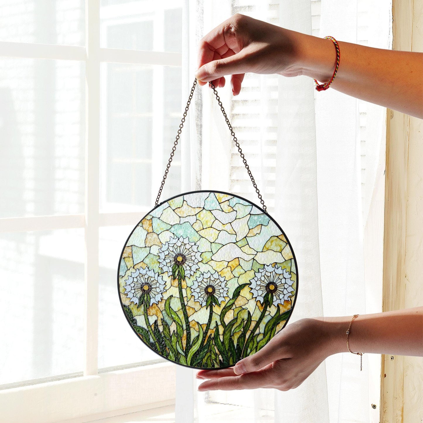 Stained Glass Dandelion Field Round Suncatcher Window Decor Gift for Garden Lover