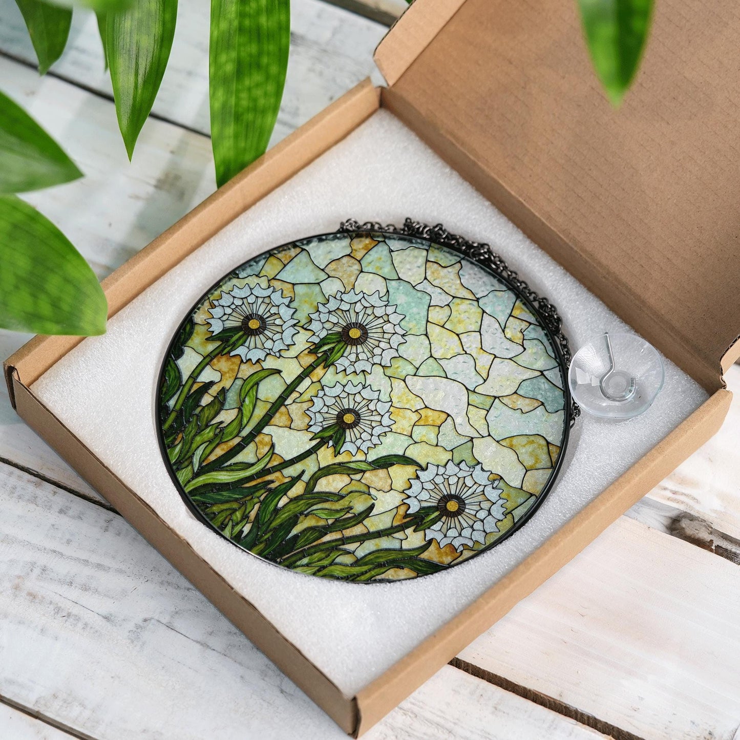 Stained Glass Dandelion Field Round Suncatcher Window Decor Gift for Garden Lover