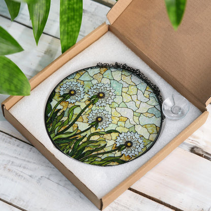 Stained Glass Dandelion Field Round Suncatcher Window Decor Gift for Garden Lover