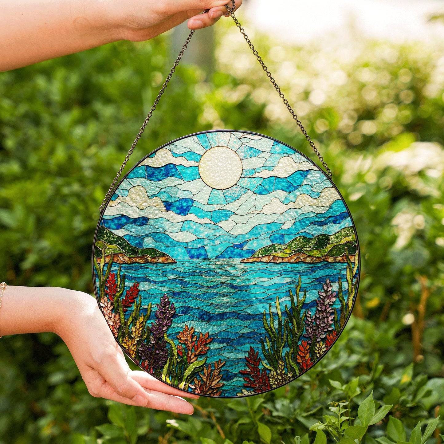 moonlit lake view stained glass window suncatcher mountain landscape art gift for mom