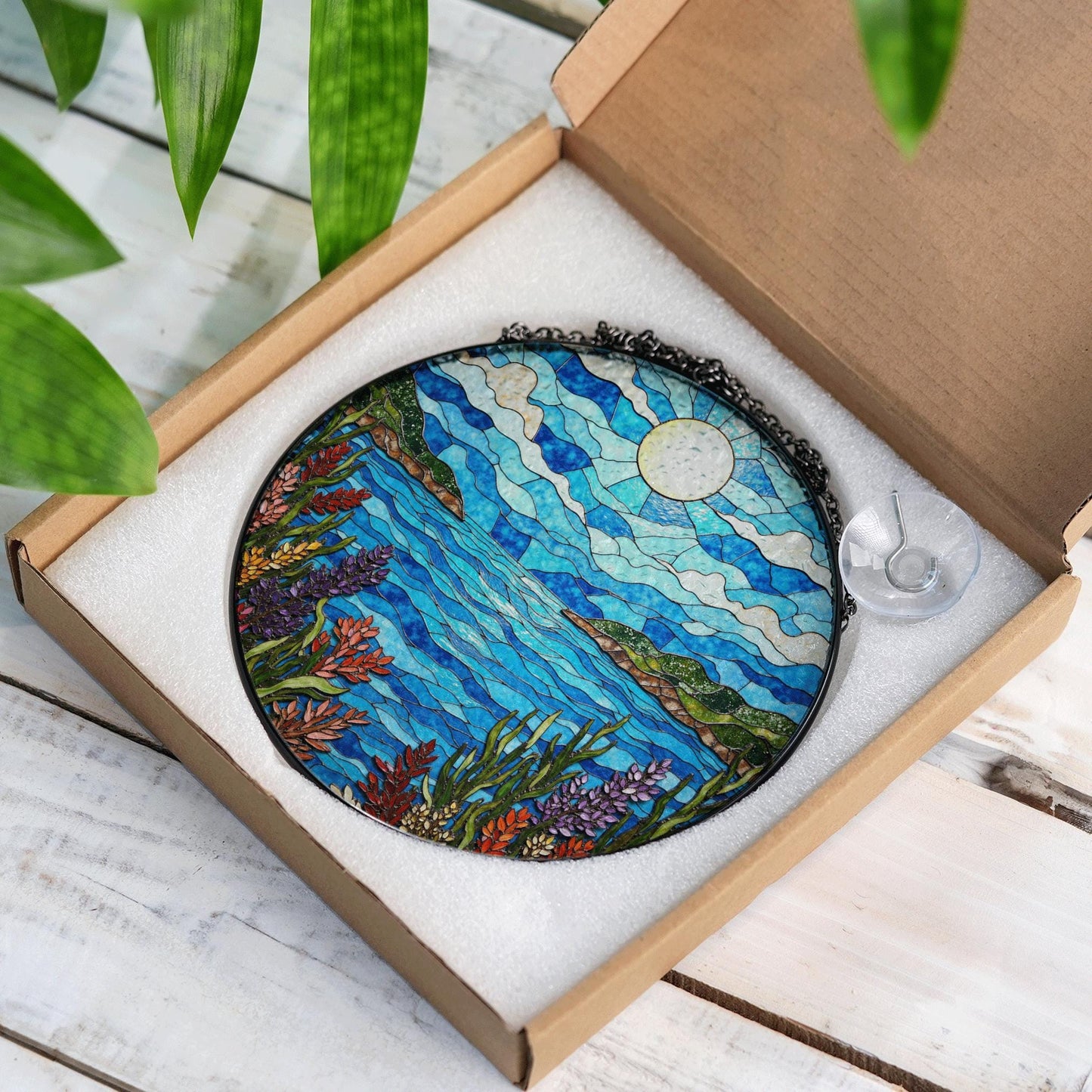 moonlit lake view stained glass window suncatcher mountain landscape art gift for mom