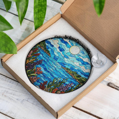 moonlit lake view stained glass window suncatcher mountain landscape art gift for mom