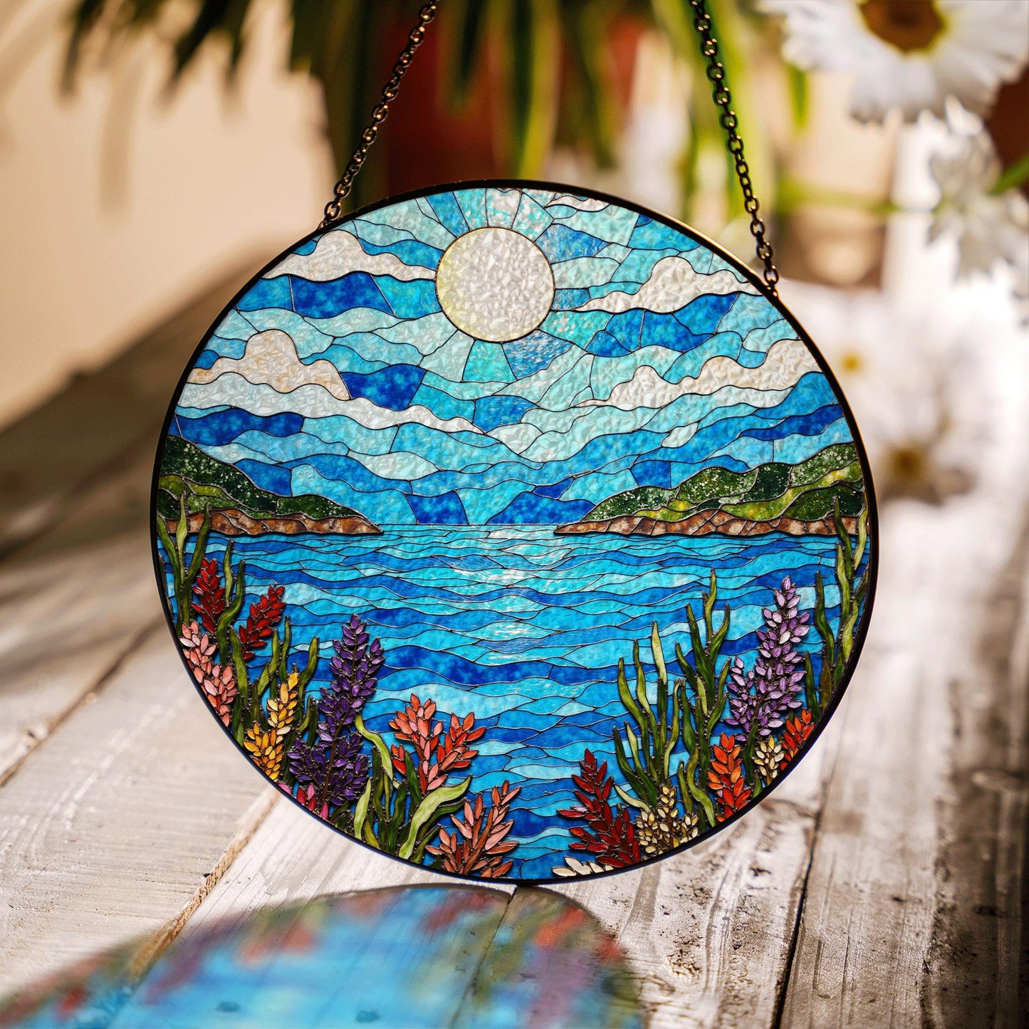 moonlit lake view stained glass window suncatcher mountain landscape art gift for mom