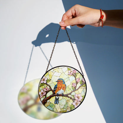 Bluebird on blooming branch round glass suncatcher nature window decor gift for mom