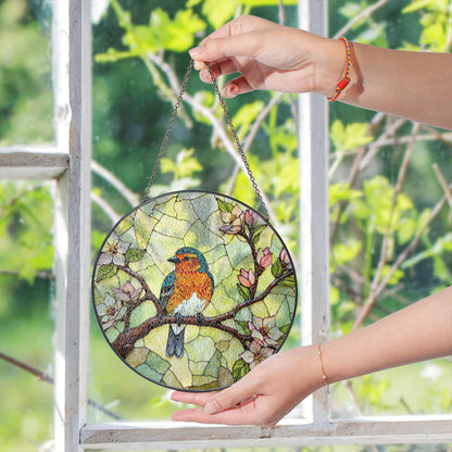 Bluebird on blooming branch round glass suncatcher nature window decor gift for mom