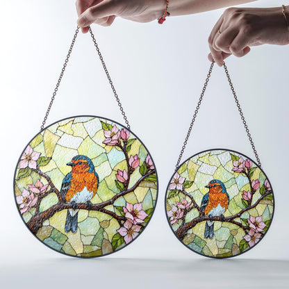 Bluebird on blooming branch round glass suncatcher nature window decor gift for mom