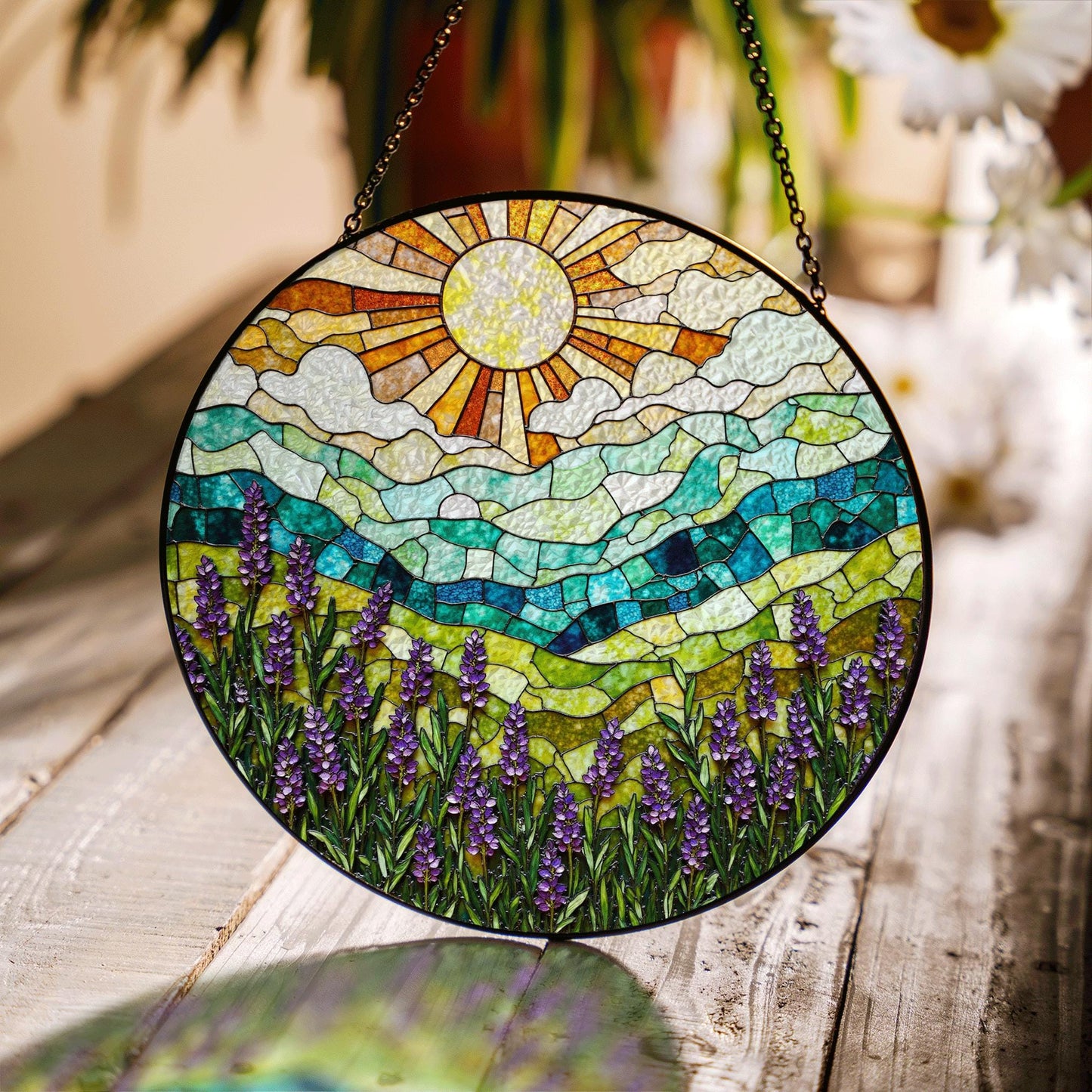 Lavender Field Mountain View Stained Glass Suncatcher Window Art Gift for Nature Lover