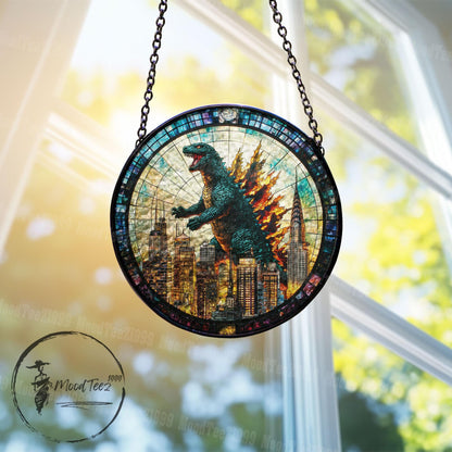 Godzila Stained Glass Hanging – Unique Godzila Art, Stained Glass Godzila Decoration, Window Lover's Gift, Home or Office Hanging Decor