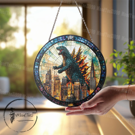 Godzila Stained Glass Hanging – Unique Godzila Art, Stained Glass Godzila Decoration, Window Lover's Gift, Home or Office Hanging Decor