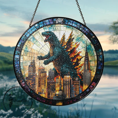 Godzila Stained Glass Hanging – Unique Godzila Art, Stained Glass Godzila Decoration, Window Lover's Gift, Home or Office Hanging Decor