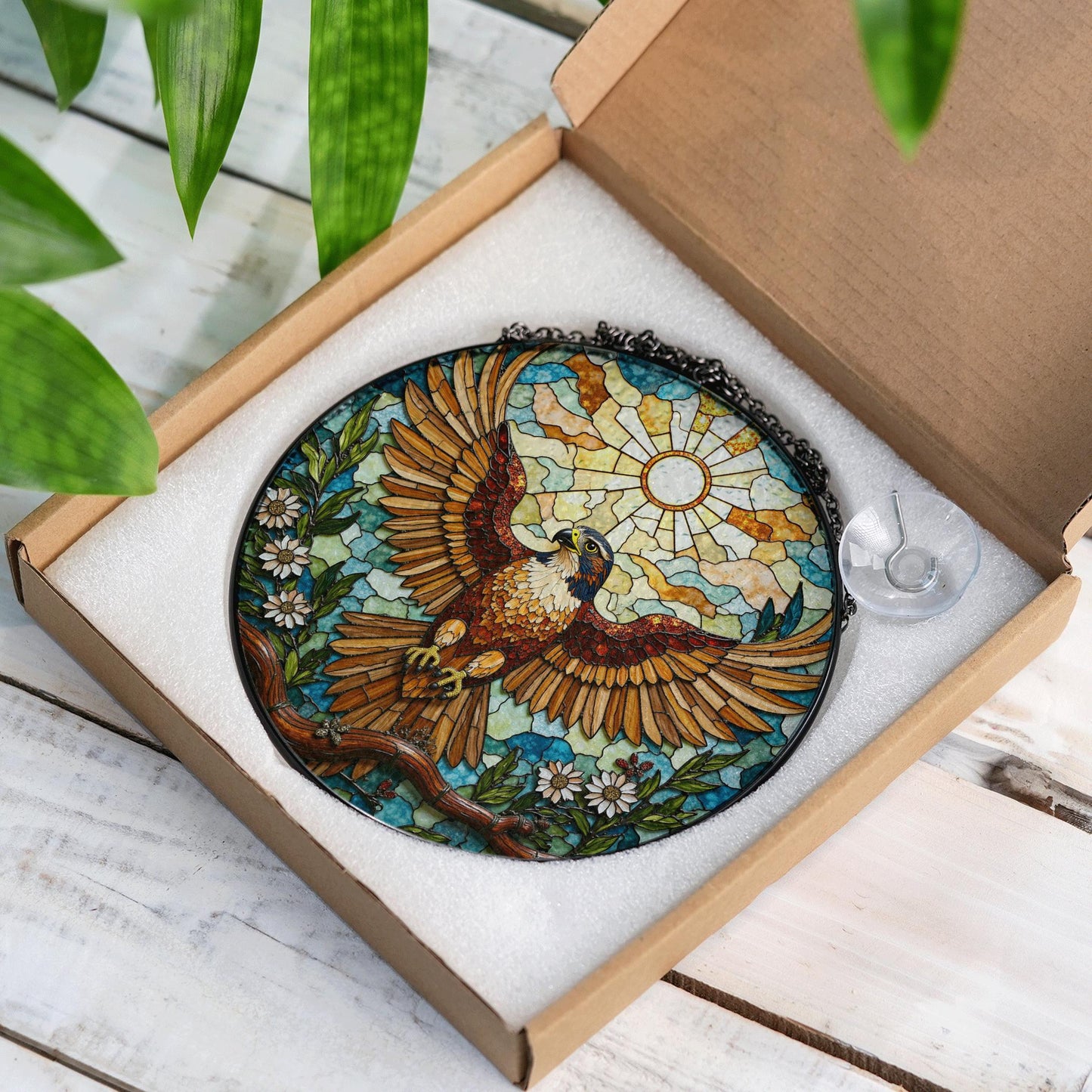 Majestic eagle floral glass suncatcher stained window hanging gift for nature lover