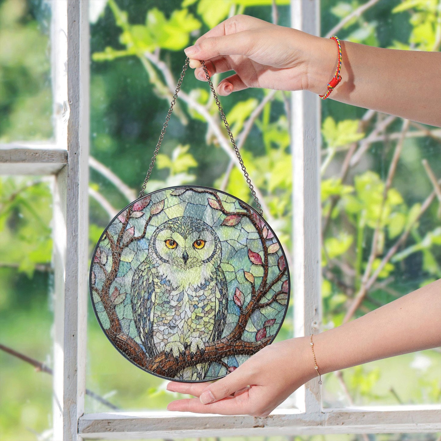 Stained Glass Owl Tree Branch Suncatcher Window Hanging Nature Decor Gift for Bird Lover