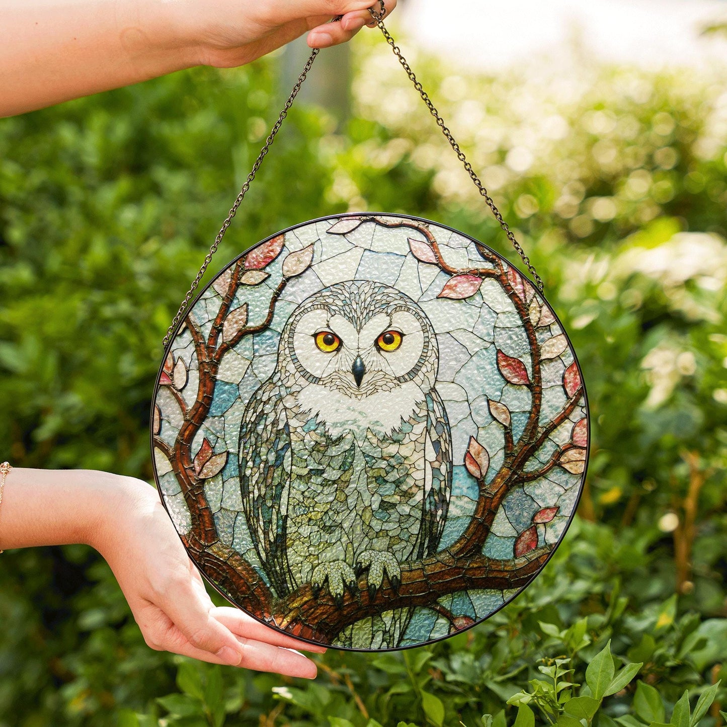 Stained Glass Owl Tree Branch Suncatcher Window Hanging Nature Decor Gift for Bird Lover