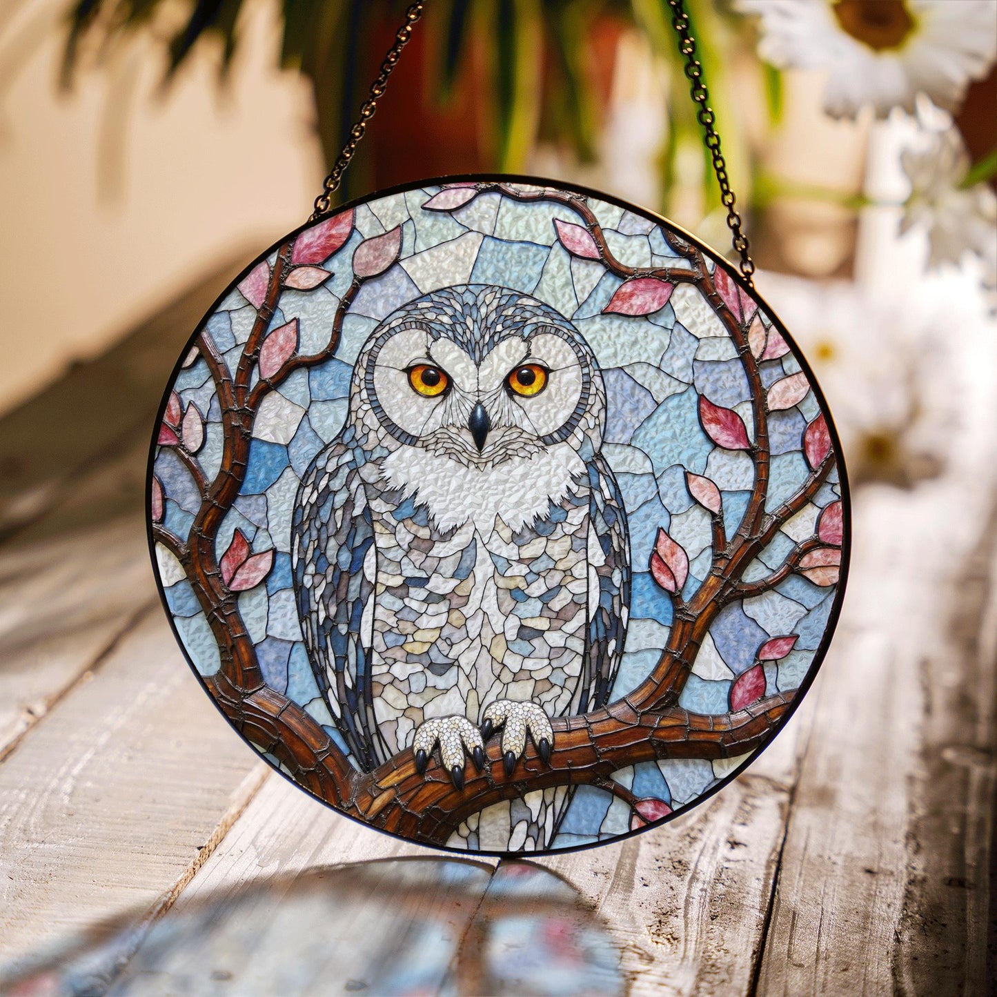 Stained Glass Owl Tree Branch Suncatcher Window Hanging Nature Decor Gift for Bird Lover