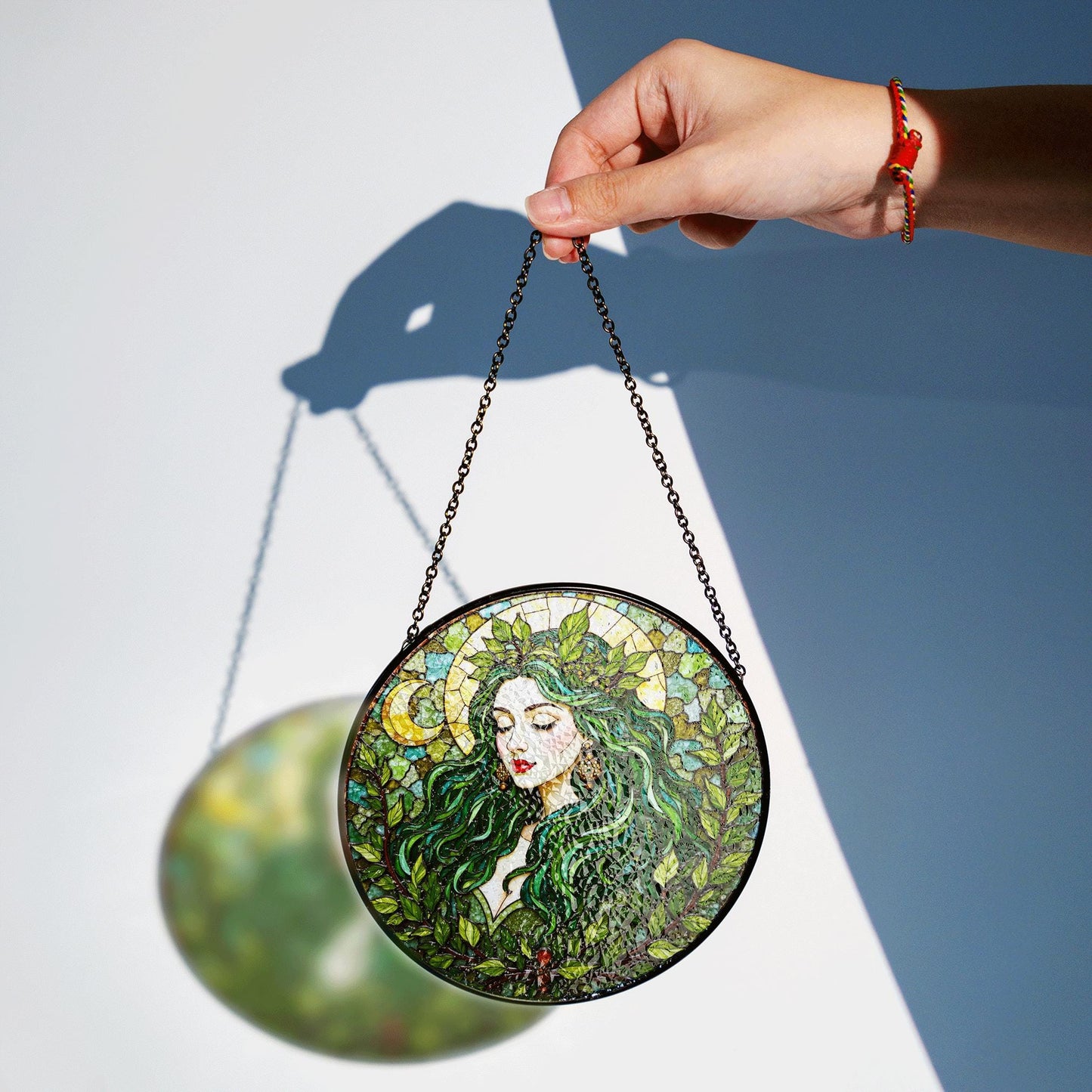 Green Leaf Goddess Suncatcher Stained Glass Forest Fairy Window Art Gift for Nature Lover Mom