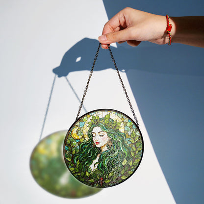 Green Leaf Goddess Suncatcher Stained Glass Forest Fairy Window Art Gift for Nature Lover Mom