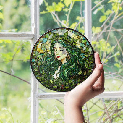 Green Leaf Goddess Suncatcher Stained Glass Forest Fairy Window Art Gift for Nature Lover Mom