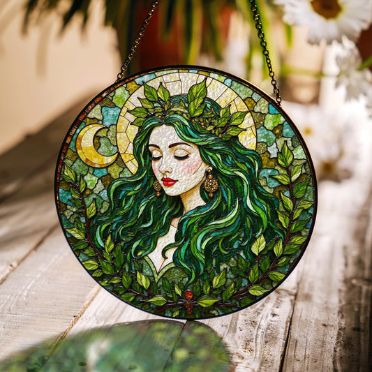 Green Leaf Goddess Suncatcher Stained Glass Forest Fairy Window Art Gift for Nature Lover Mom