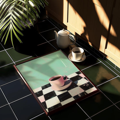 Retro Coffee Print: Checkerboard Table, Minimalist Kitchen Art