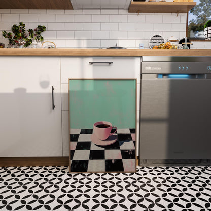 Retro Coffee Print: Checkerboard Table, Minimalist Kitchen Art