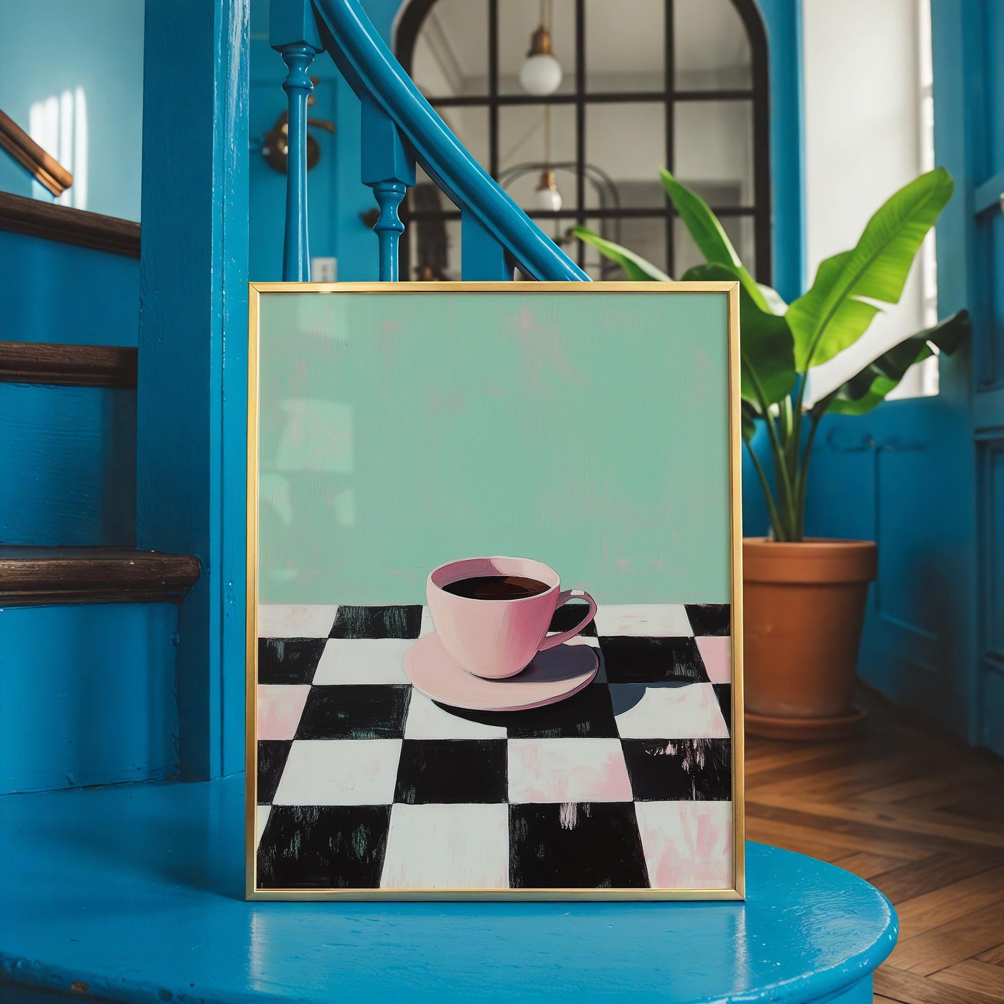 Retro Coffee Print: Checkerboard Table, Minimalist Kitchen Art