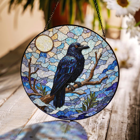 raven on branch in mosaic forest stained glass suncatcher gift for nature lovers