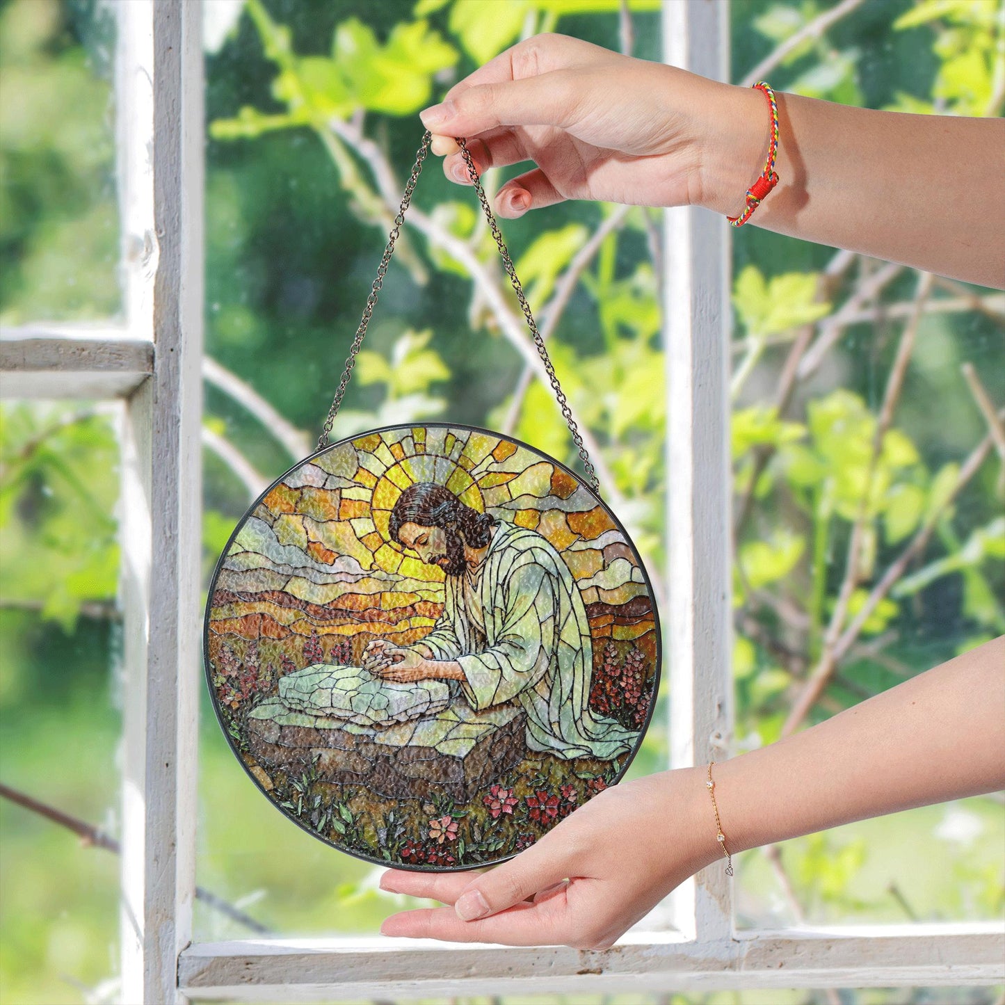 Jesus Praying Stained Glass Round Suncatcher Window Decor Gift for Christian Friend