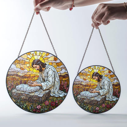 Jesus Praying Stained Glass Round Suncatcher Window Decor Gift for Christian Friend