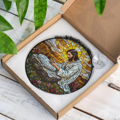 Jesus Praying Stained Glass Round Suncatcher Window Decor Gift for Christian Friend
