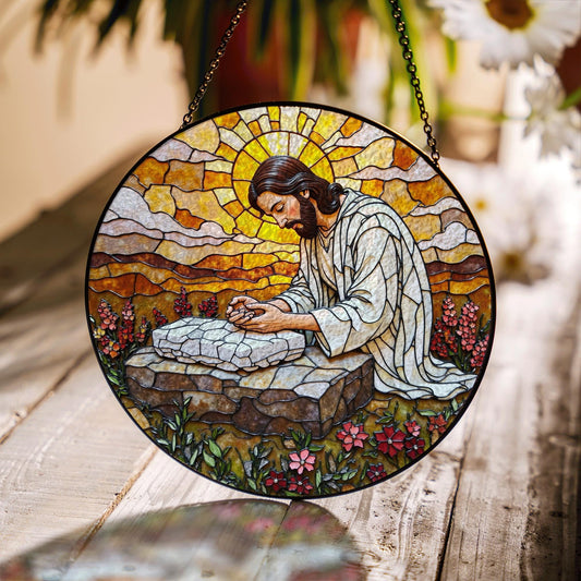 Jesus Praying Stained Glass Round Suncatcher Window Decor Gift for Christian Friend