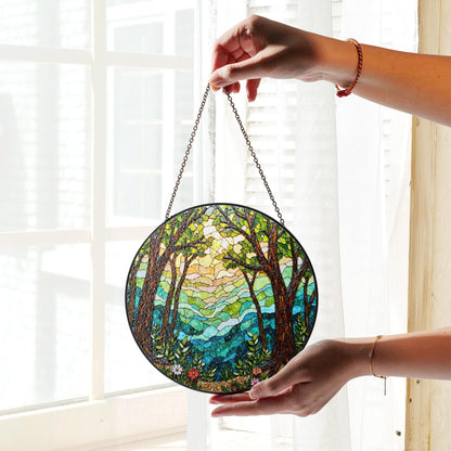 Forest trees and glowing light round window hanging stained glass suncatcher gift for nature lover