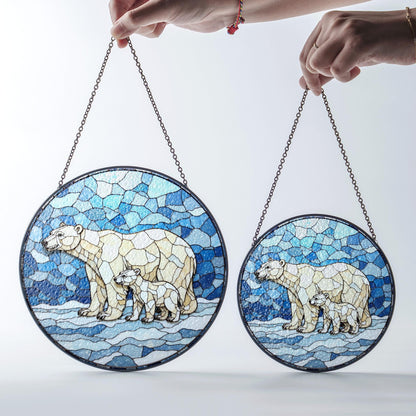 Polar Bear and Cub Art Glass Suncatcher Round Window Decor Gift for Wildlife Lover