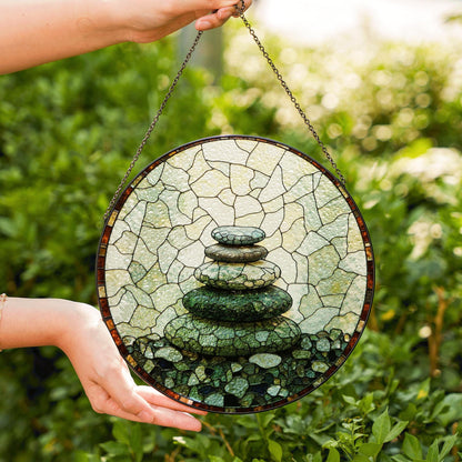 Zen rock stack art round suncatcher window hanging gift for him her