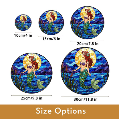 mermaid with red hair under sun in ocean waves stained glass suncatcher gift for sister