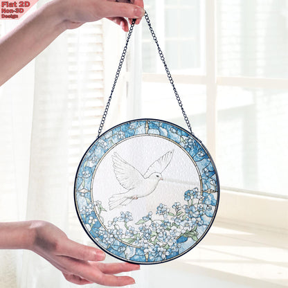 Dove and Forget Me Not Flowers Stained Glass Suncatcher, Dove and Forget Me Not Window Hanging, Elegant Home Décor, Peaceful Memorial Gift