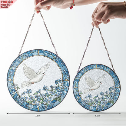 Dove and Forget Me Not Flowers Stained Glass Suncatcher, Dove and Forget Me Not Window Hanging, Elegant Home Décor, Peaceful Memorial Gift