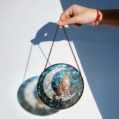 Tabby Cat on Crescent Moon Glass Suncatcher Handmade Window Decor Gift for Cat Lovers