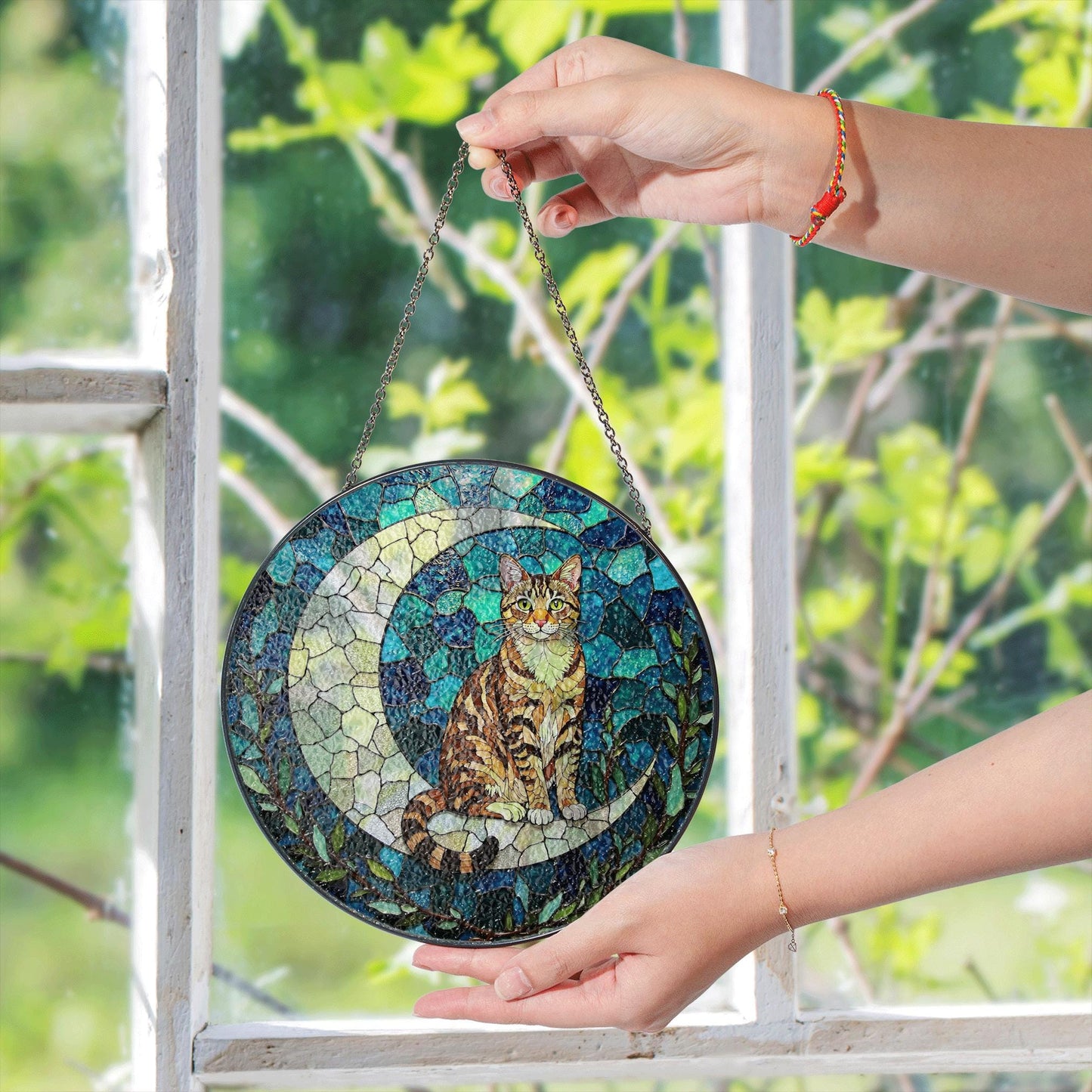 Tabby Cat on Crescent Moon Glass Suncatcher Handmade Window Decor Gift for Cat Lovers