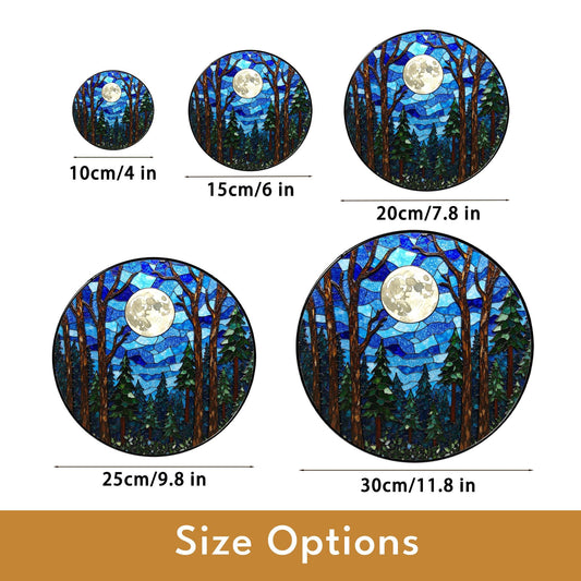 Moonlit forest scene glass suncatcher stained glass window hanging gift for nature lovers