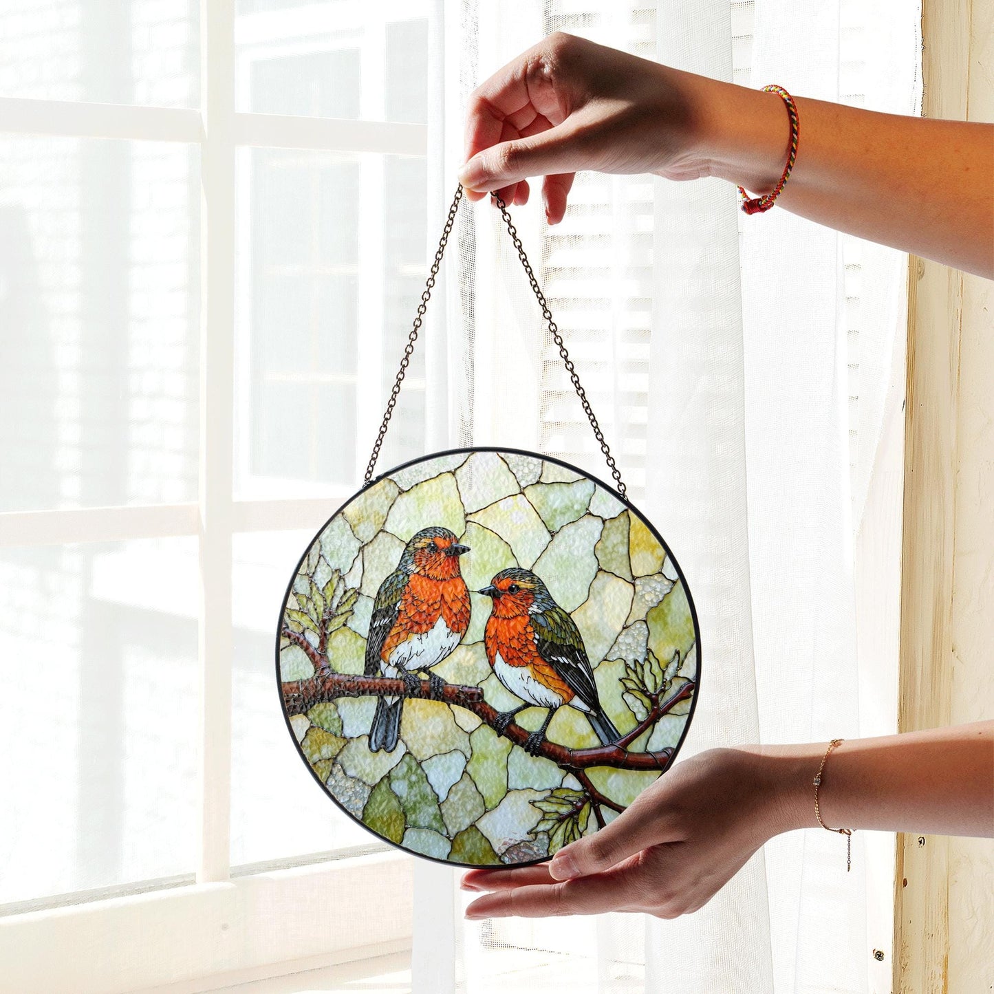 Two red robins on branch round suncatcher stained glass window decor gift for bird lovers