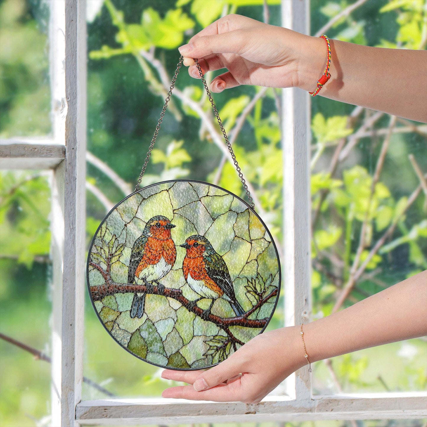 Two red robins on branch round suncatcher stained glass window decor gift for bird lovers