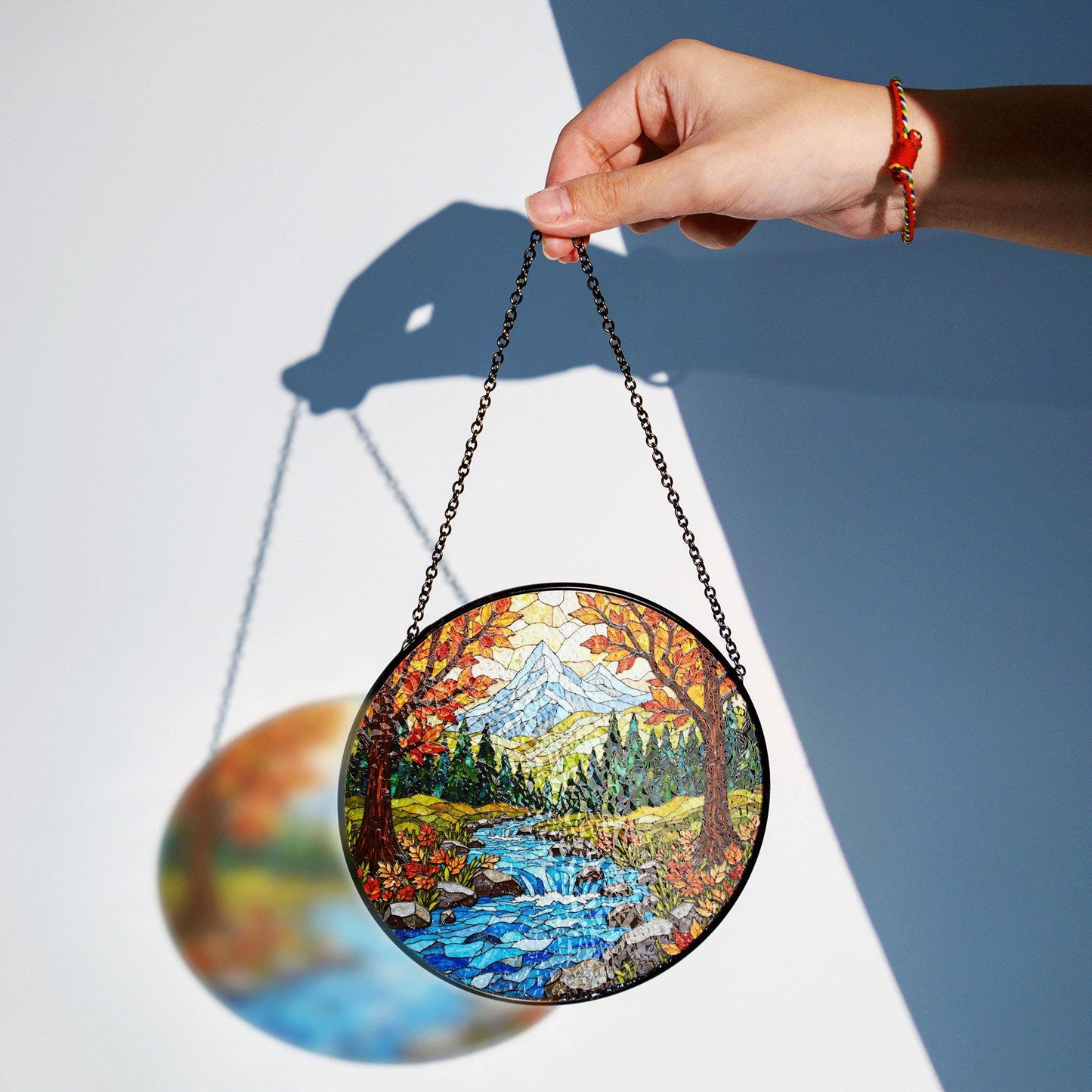 Autumn forest stream suncatcher stained glass mountain river panel gift for outdoor nature lover