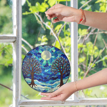 Winter trees under full moon blue stained glass round suncatcher window decor gift for nature lovers