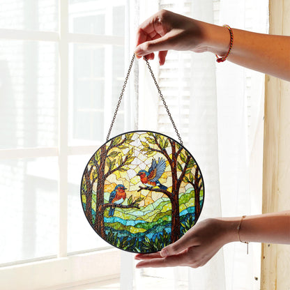 Bluebirds in forest round window suncatcher stained glass look gift for bird lovers
