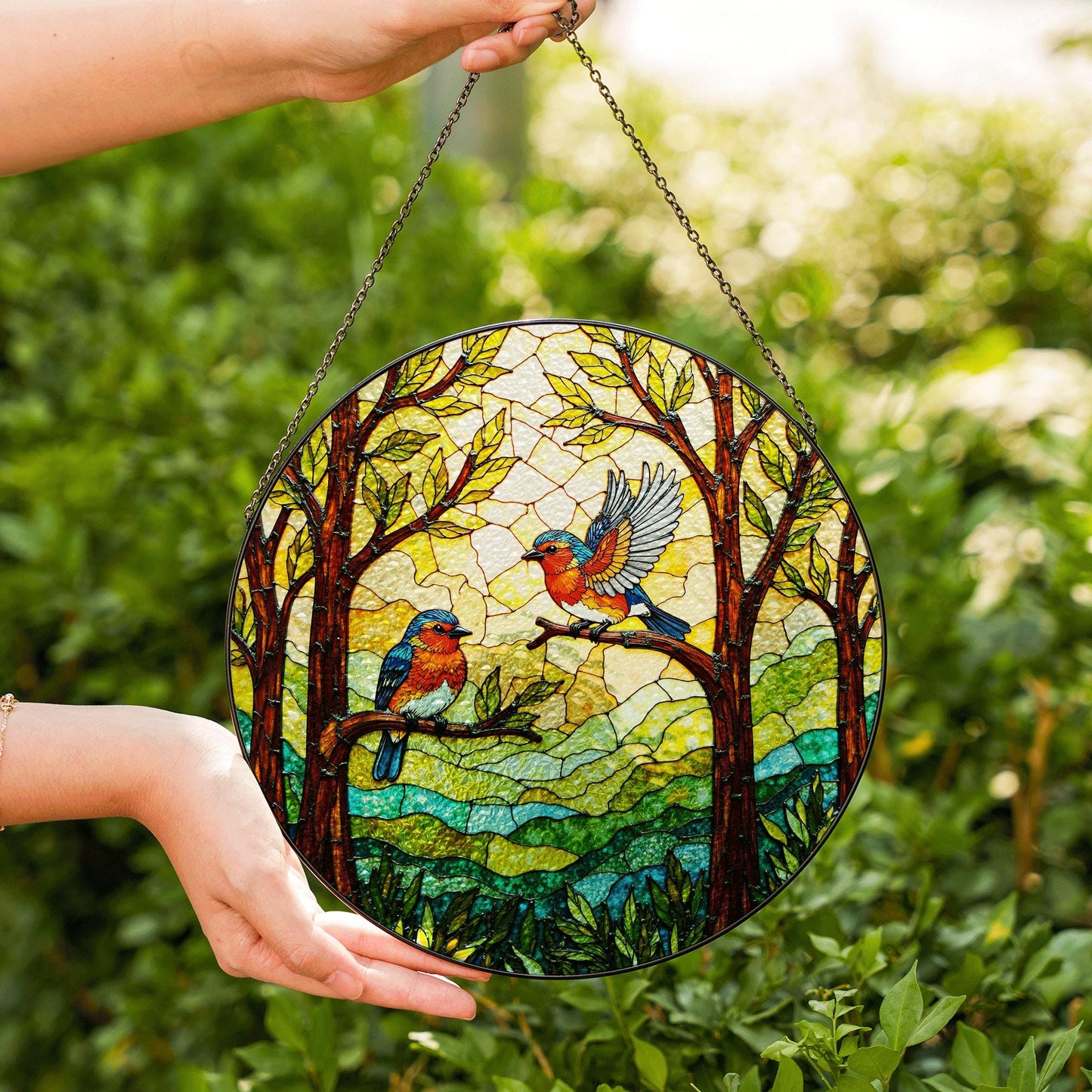 Bluebirds in forest round window suncatcher stained glass look gift for bird lovers